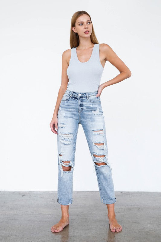 High Waist Destroyed Girlfriend Jeans