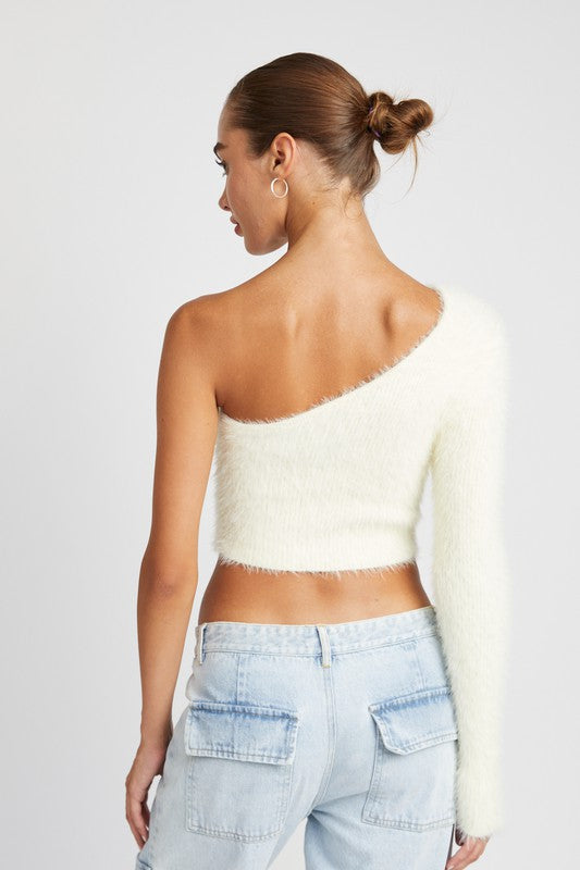 ONE SHOULDER FLUFFY SWEATER TOP