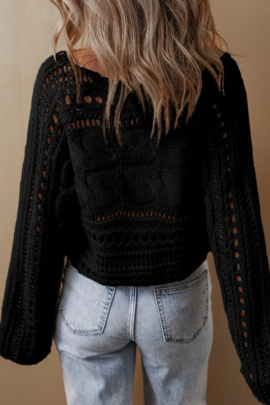 Gray Hollow-out Cable Knit Cropped Sweater