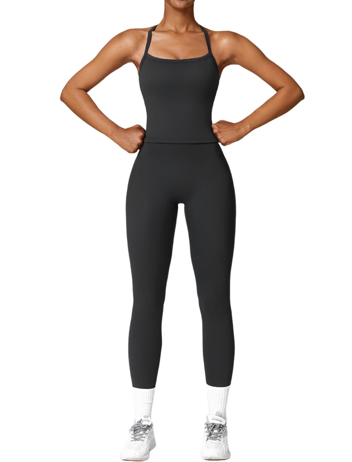 Womens Workout Sets Two Piece Cross Back Tank Top Matching High Waist Leggings Sets Gym Outfits Work Out Clothes