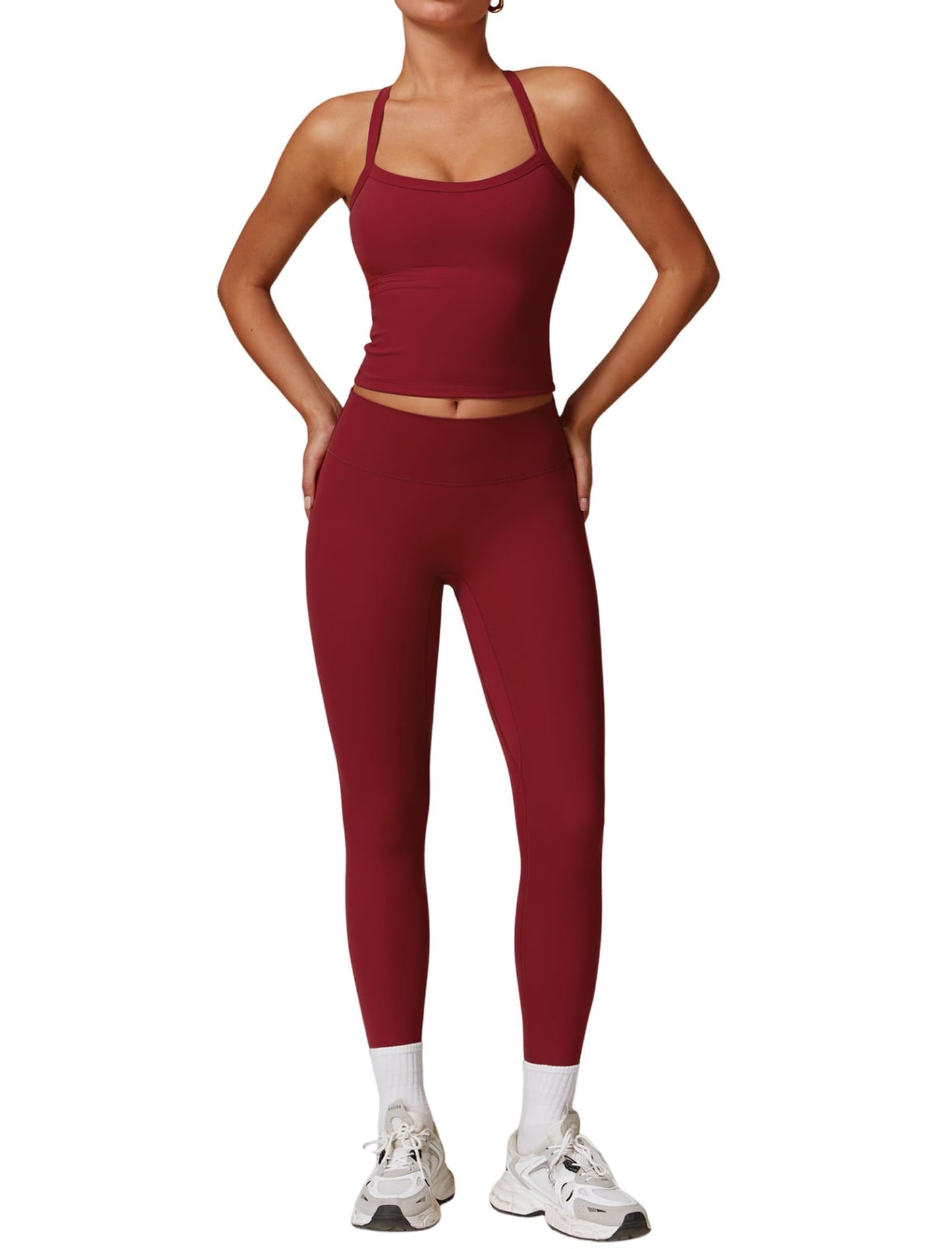 Womens Workout Sets Two Piece Cross Back Tank Top Matching High Waist Leggings Sets Gym Outfits Work Out Clothes