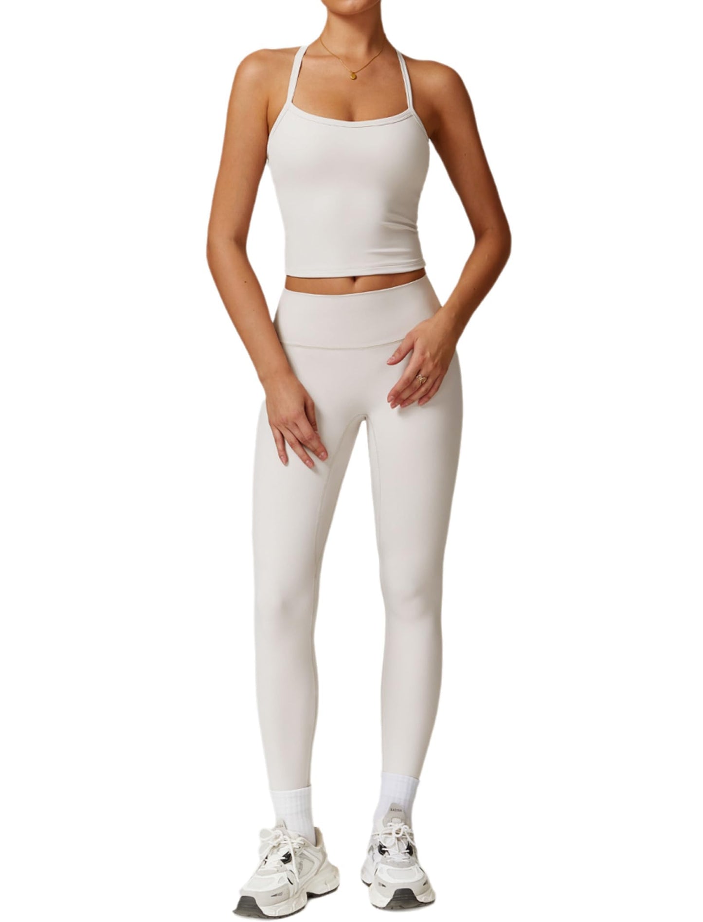 Womens Workout Sets Two Piece Cross Back Tank Top Matching High Waist Leggings Sets Gym Outfits Work Out Clothes