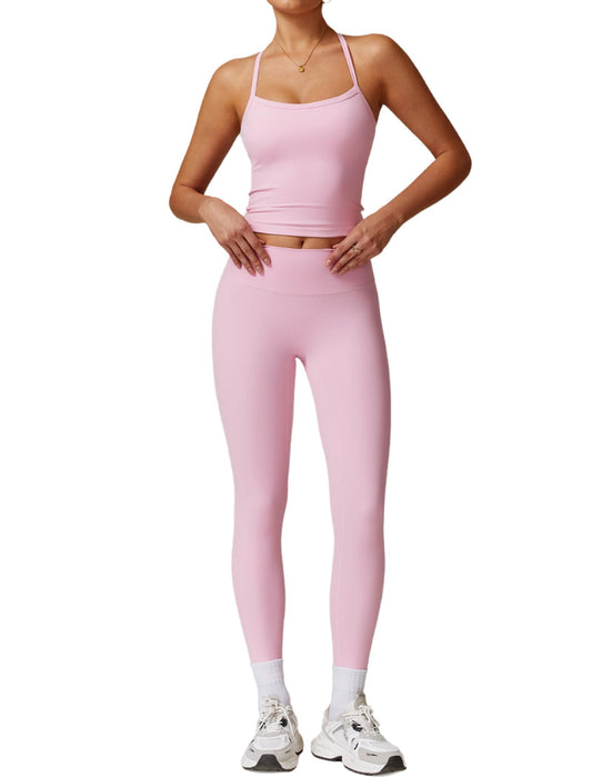 Womens Workout Sets Two Piece Cross Back Tank Top Matching High Waist Leggings Sets Gym Outfits Work Out Clothes