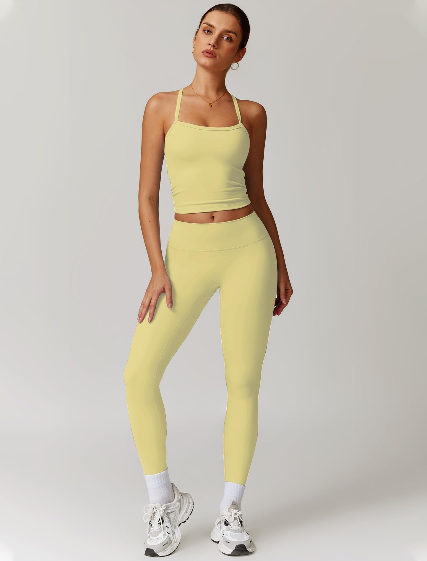 Womens Workout Sets Two Piece Cross Back Tank Top Matching High Waist Leggings Sets Gym Outfits Work Out Clothes