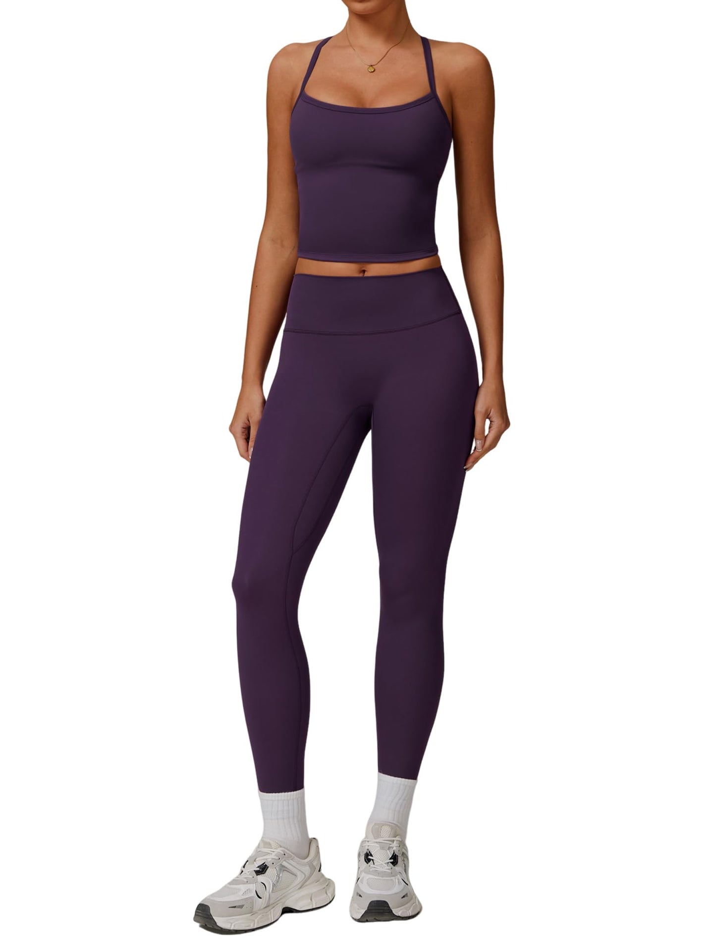 Womens Workout Sets Two Piece Cross Back Tank Top Matching High Waist Leggings Sets Gym Outfits Work Out Clothes