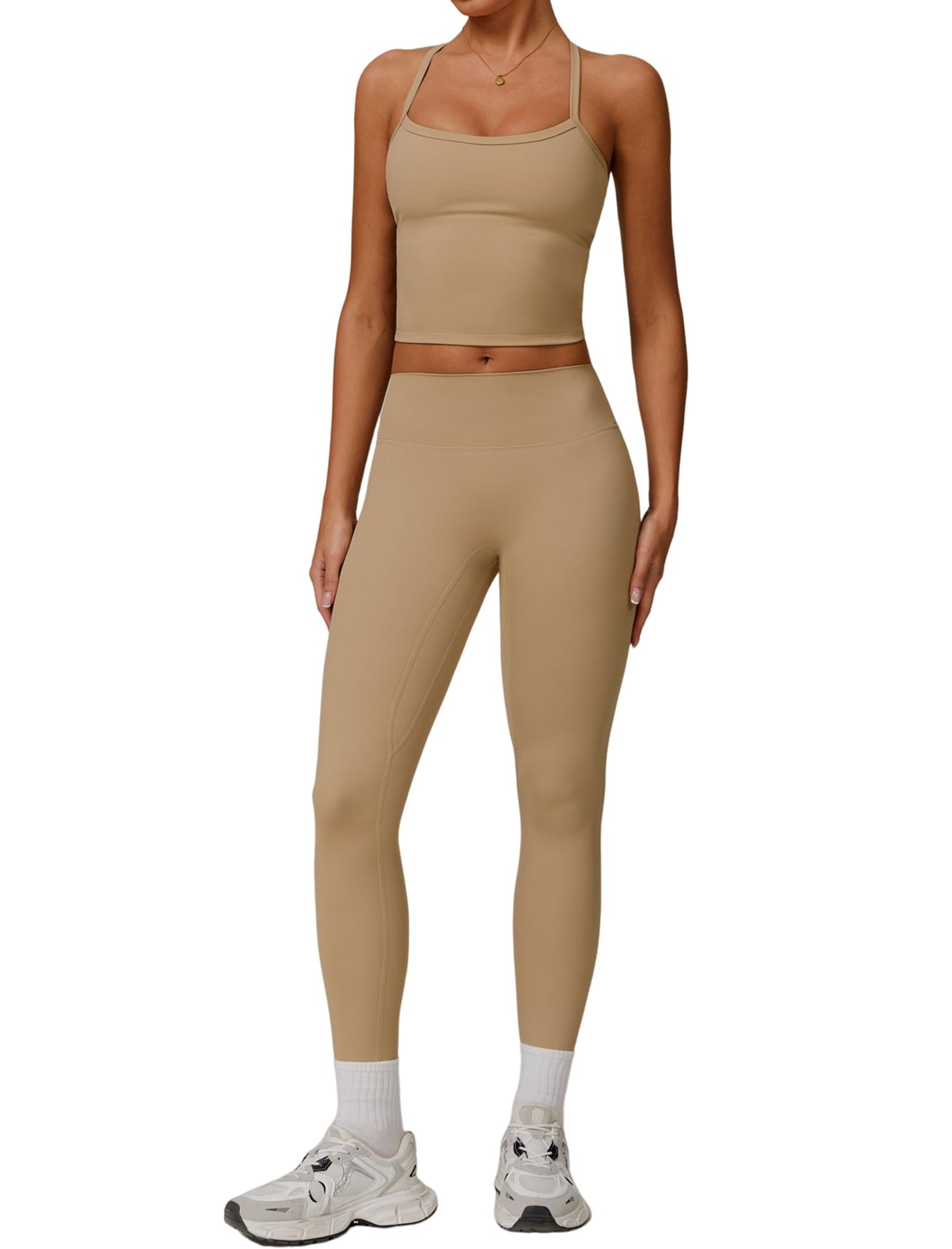 Womens Workout Sets Two Piece Cross Back Tank Top Matching High Waist Leggings Sets Gym Outfits Work Out Clothes