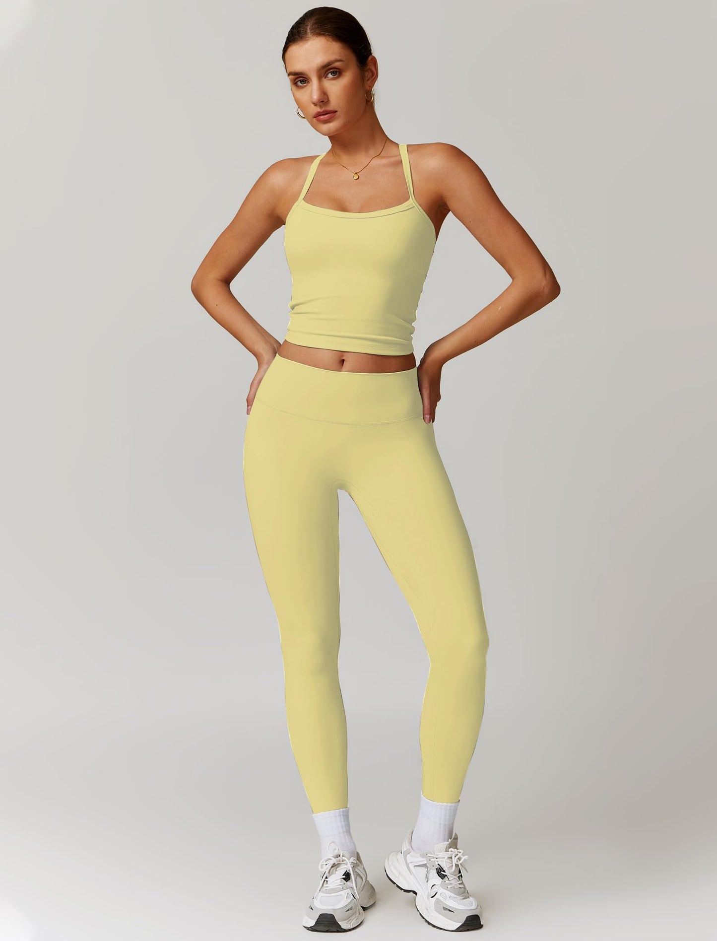 Womens Workout Sets Two Piece Cross Back Tank Top Matching High Waist Leggings Sets Gym Outfits Work Out Clothes