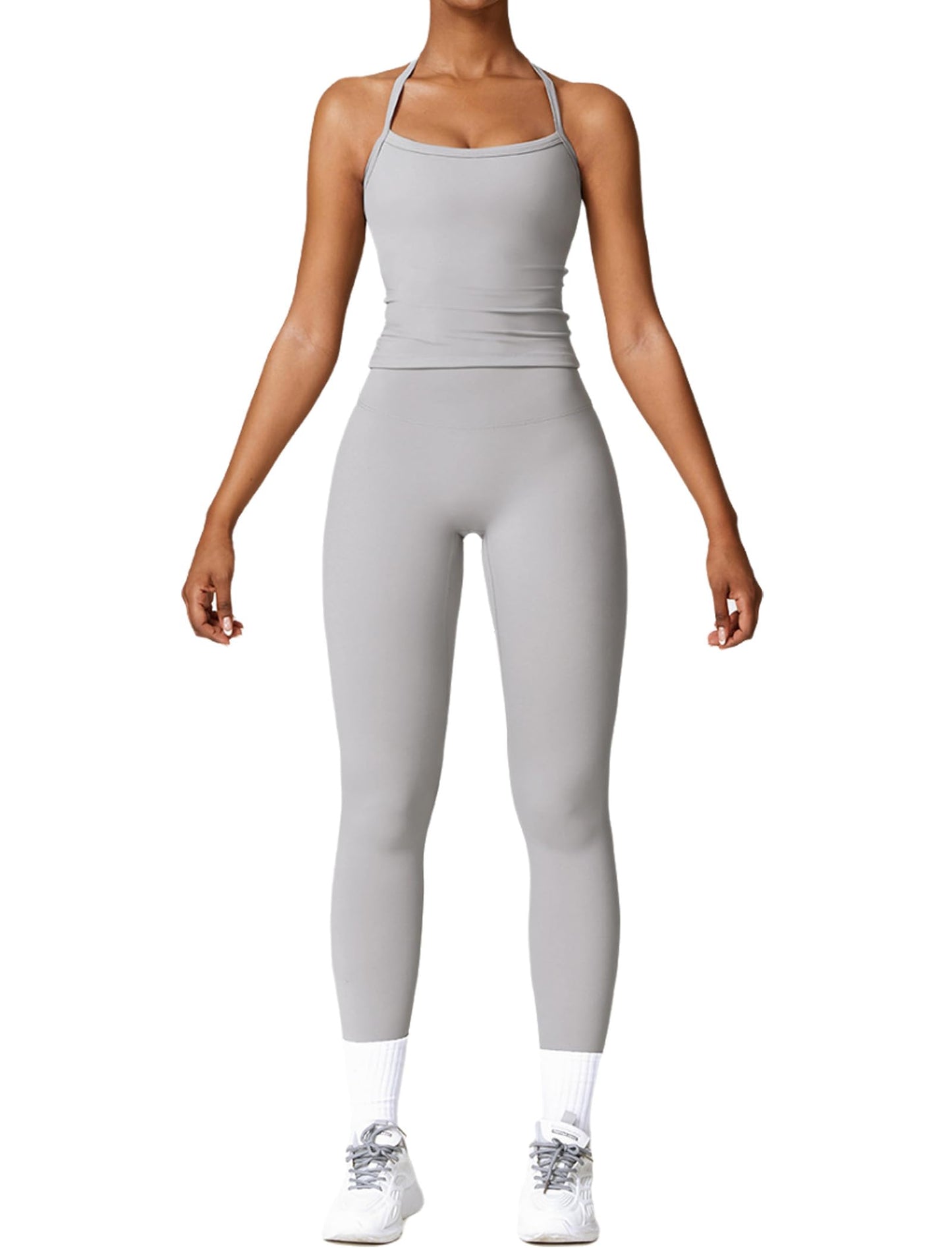 Womens Workout Sets Two Piece Cross Back Tank Top Matching High Waist Leggings Sets Gym Outfits Work Out Clothes