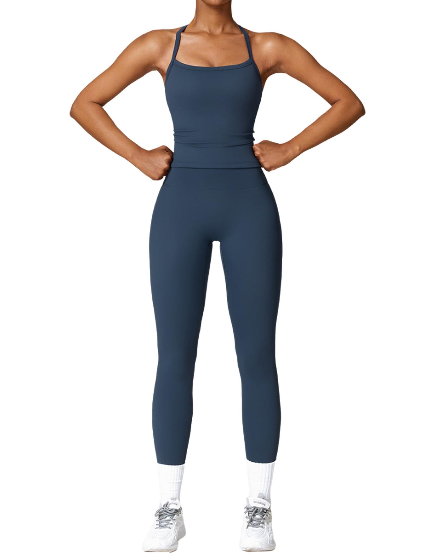 Womens Workout Sets Two Piece Cross Back Tank Top Matching High Waist Leggings Sets Gym Outfits Work Out Clothes