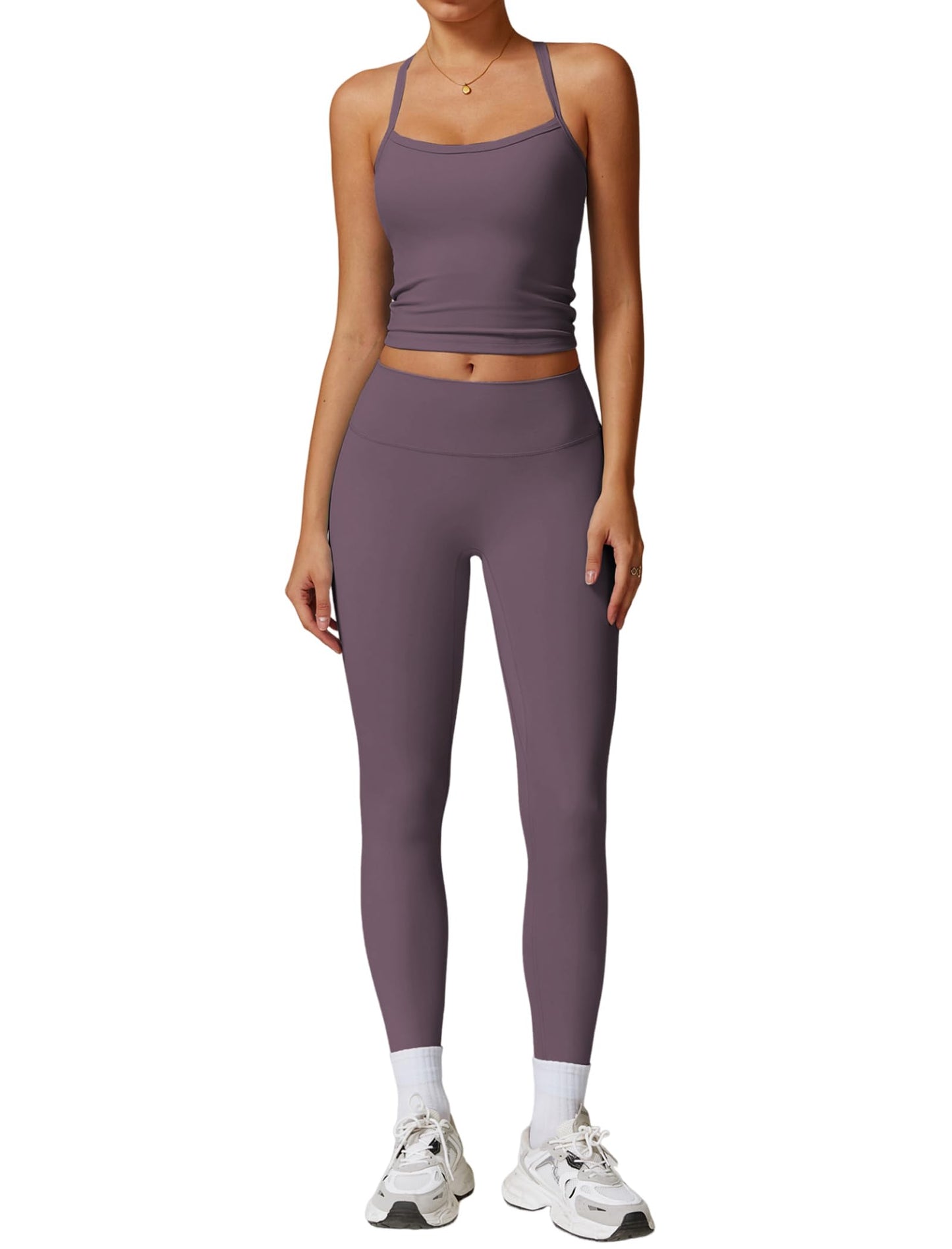 Womens Workout Sets Two Piece Cross Back Tank Top Matching High Waist Leggings Sets Gym Outfits Work Out Clothes