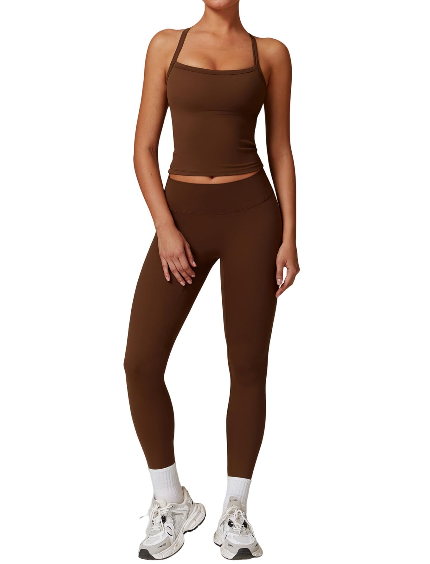 Womens Workout Sets Two Piece Cross Back Tank Top Matching High Waist Leggings Sets Gym Outfits Work Out Clothes