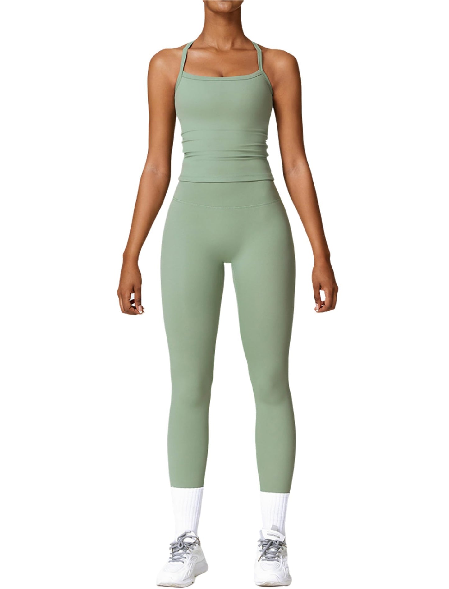Womens Workout Sets Two Piece Cross Back Tank Top Matching High Waist Leggings Sets Gym Outfits Work Out Clothes