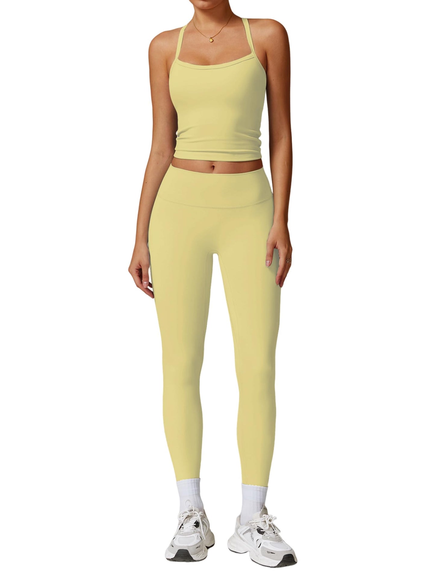 Womens Workout Sets Two Piece Cross Back Tank Top Matching High Waist Leggings Sets Gym Outfits Work Out Clothes