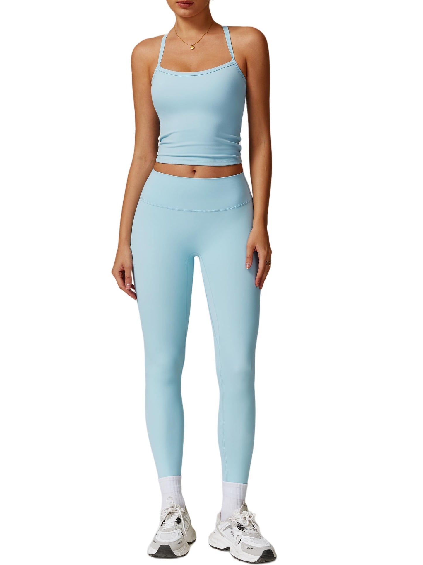 Womens Workout Sets Two Piece Cross Back Tank Top Matching High Waist Leggings Sets Gym Outfits Work Out Clothes