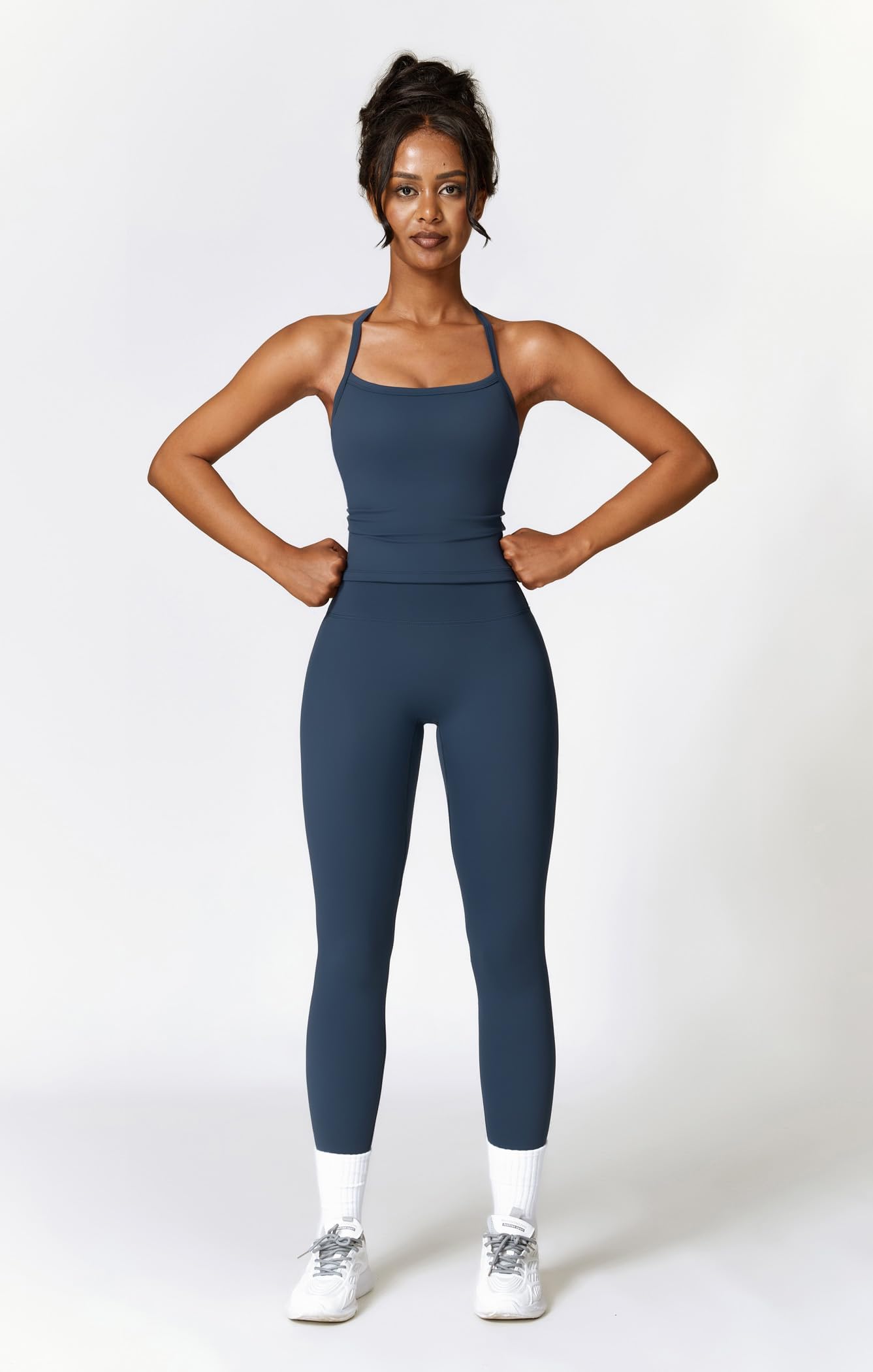 Womens Workout Sets Two Piece Cross Back Tank Top Matching High Waist Leggings Sets Gym Outfits Work Out Clothes
