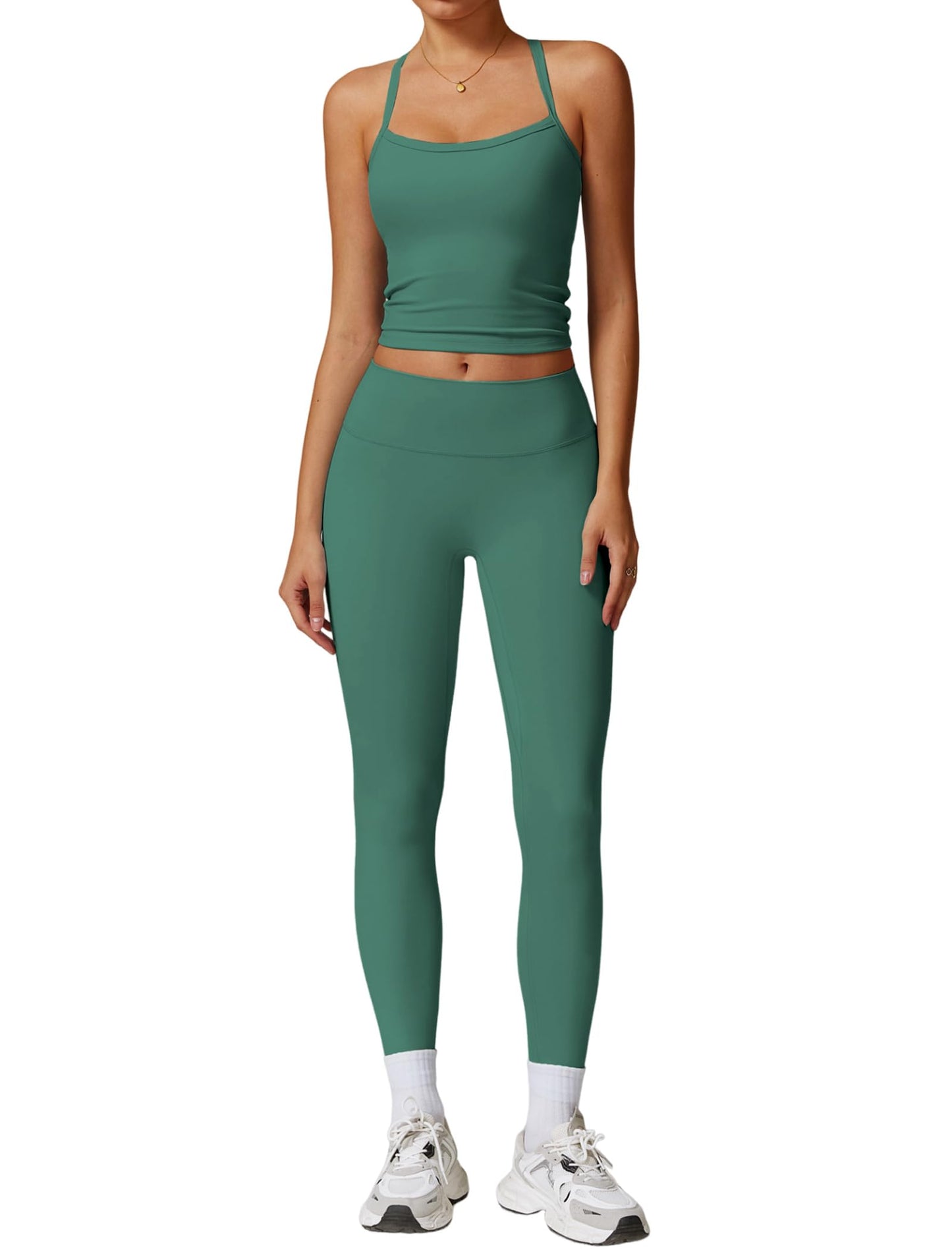 Womens Workout Sets Two Piece Cross Back Tank Top Matching High Waist Leggings Sets Gym Outfits Work Out Clothes