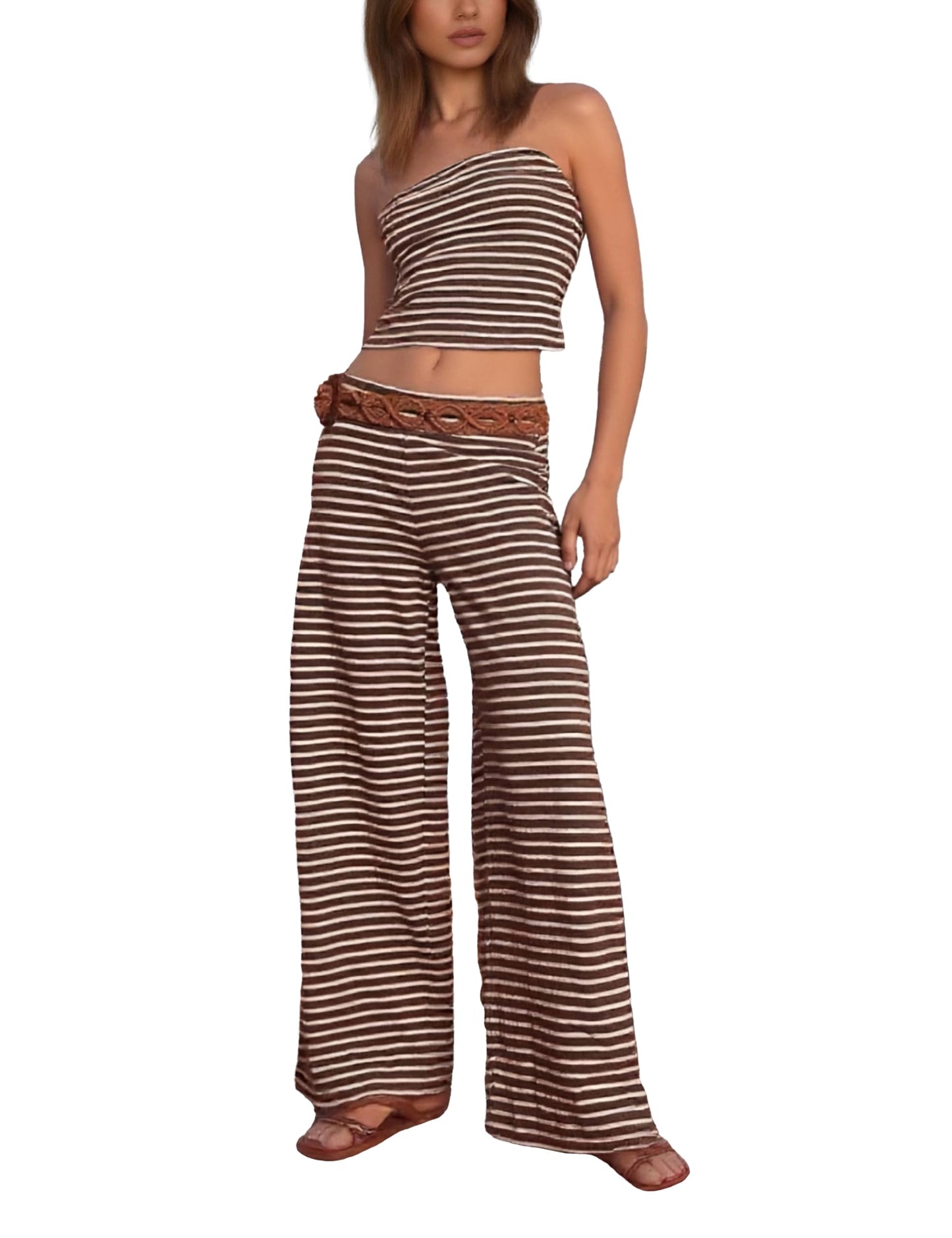 Women Striped Tube Sets Two Piece Outfits Strapless Crop Tops Elastic Waist Wide Leg Pants Lounge Sets