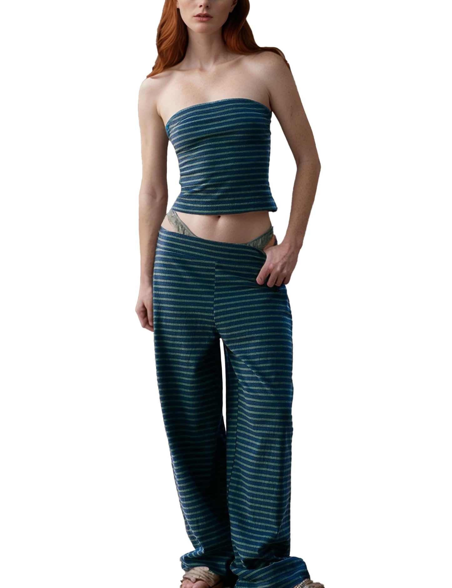 Women Striped Tube Sets Two Piece Outfits Strapless Crop Tops Elastic Waist Wide Leg Pants Lounge Sets