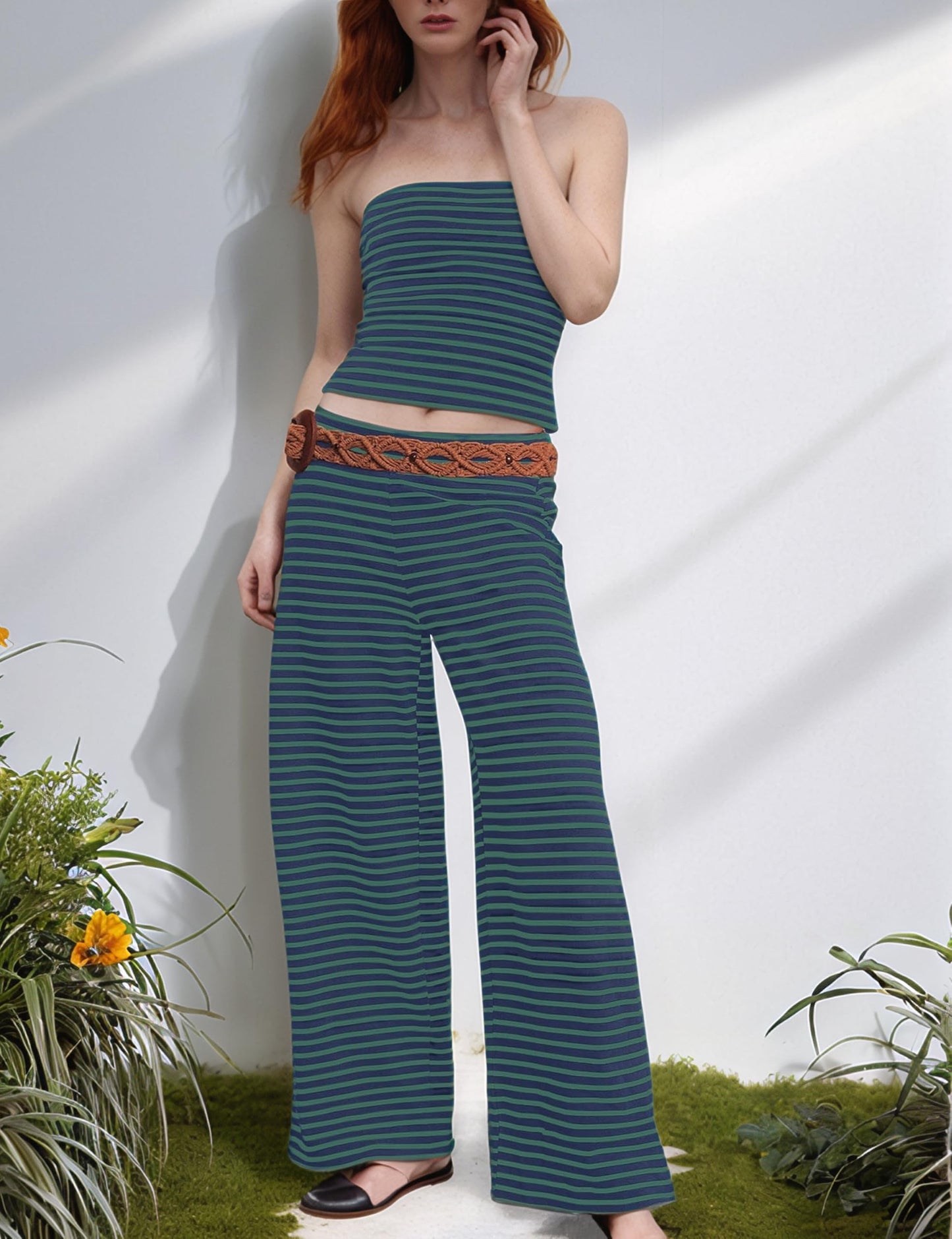 Women Striped Tube Sets Two Piece Outfits Strapless Crop Tops Elastic Waist Wide Leg Pants Lounge Sets