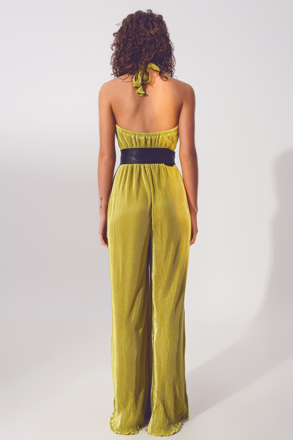 Satin Halter Neck Pleated Maxi Jumpsuit in Green