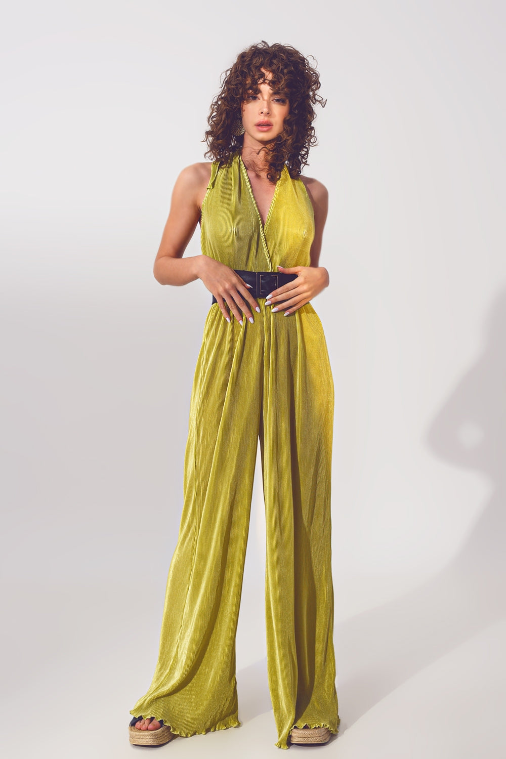 Satin Halter Neck Pleated Maxi Jumpsuit in Green