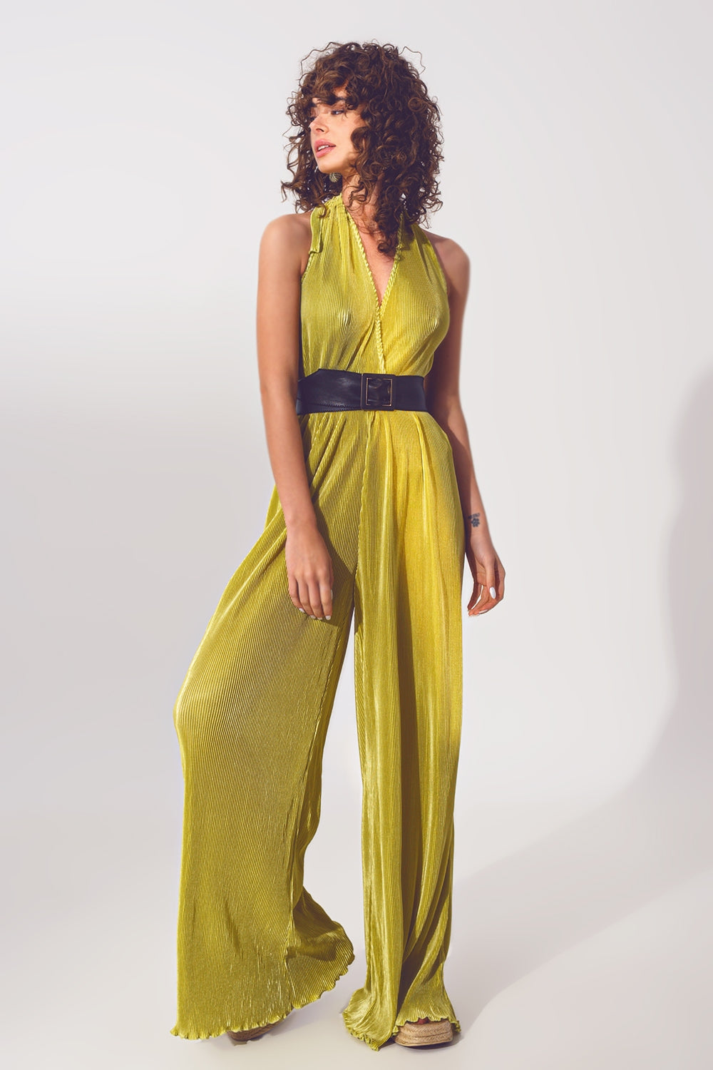 Satin Halter Neck Pleated Maxi Jumpsuit in Green